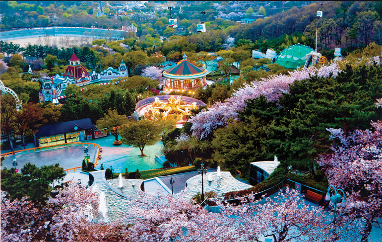 夜桜が美しいアトラクションテーマパークのEワールド